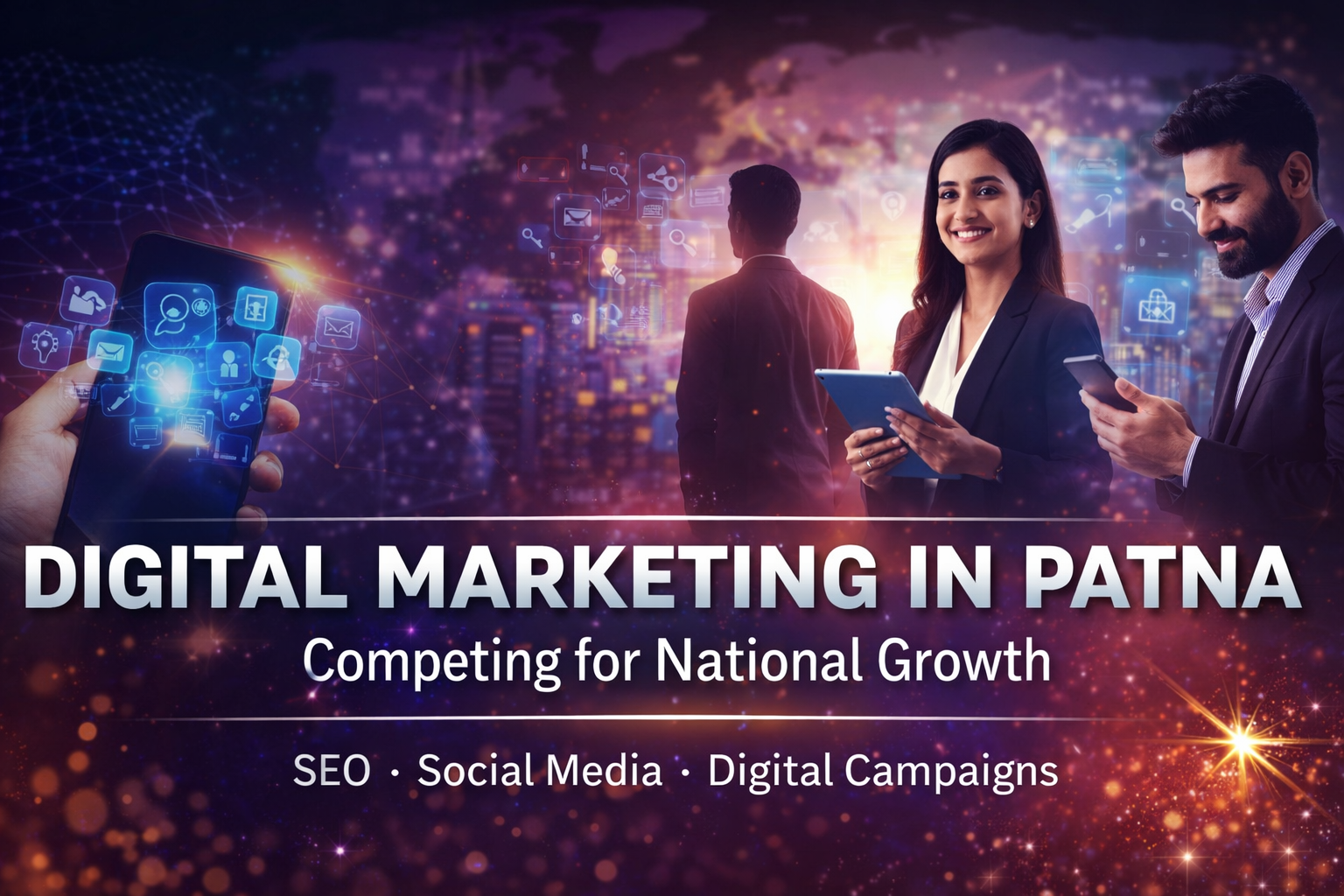 Digital marketing strategy illustration representing a digital marketing agency in Patna focusing on SEO, social media, and online growth.